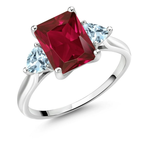 Gem Stone King 10K White Gold Red Created Ruby and Sky Blue Aquamarine 3 Stone Engagement Ring for Women (3.21 Cttw, Emerald Cut 9X7MM, Gemstone July Birthstone, Size 8)