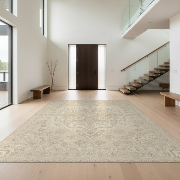 Design&I 8'x10' Washable Area Rug Boho Solid Faded Tonal Minimalist Heathered Subtle Speckled Beige Flowing for Dining Room, Large Office, Lounge, Snag-Free