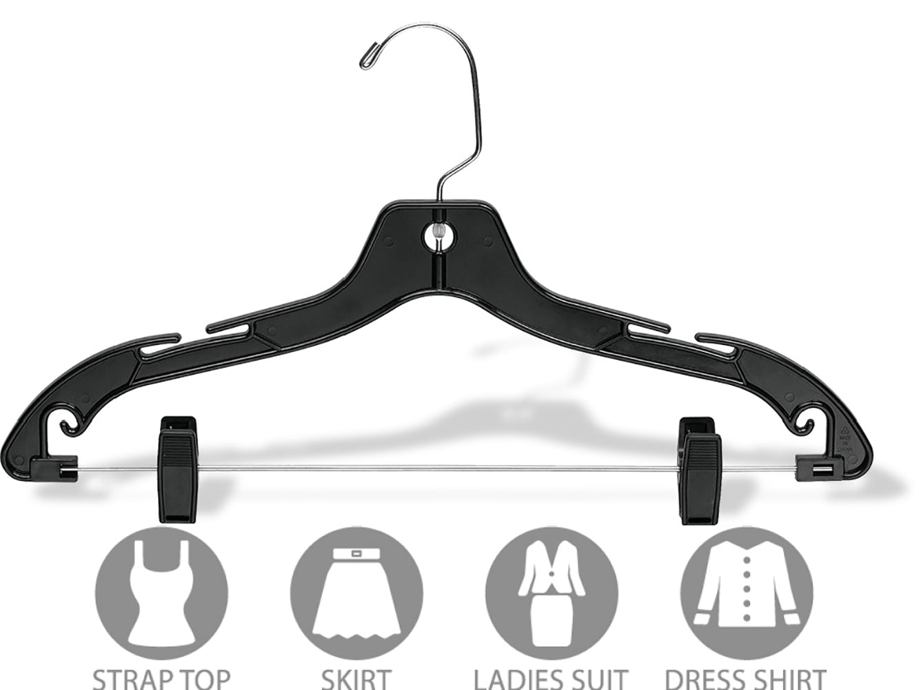 Matte Black Plastic Combo Hanger w/ Adujstable Clips, Box of 100 Space Saving Hangers w/ Notches and 360 Degree Nickel Swivel Hook for Shirt Dress or Skirt by International Hanger