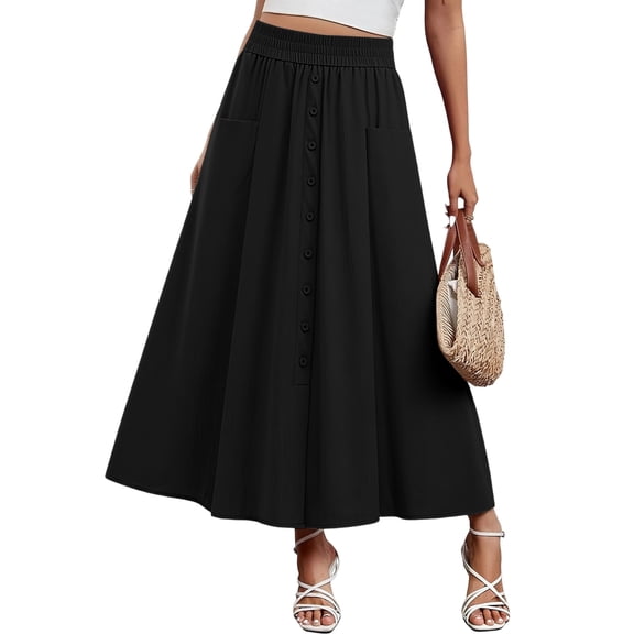 Women's High-Waist A-Line Midi Skirt for Summer - Fit and Flare Flowy Casual Skirt