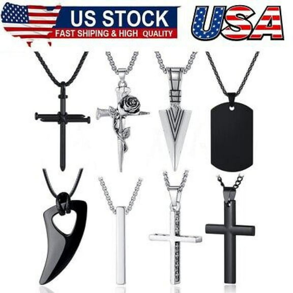 8Pcs Mens Necklaces Jewelry Set, Black and Silver Stainless Steel Necklace,Cross