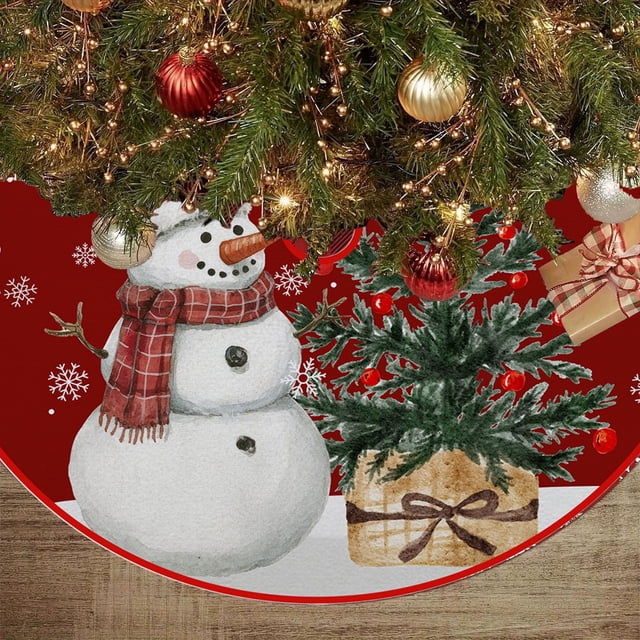 Christmas Tree Skirt Fabric Tree Ring Cover | Soft Polyester Base Mat with Santa Snowman Reindeer Snowflake Patterns | Indoor Holiday Decoration for Artificial or Real Tree