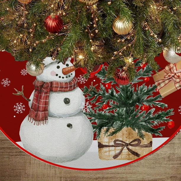 CaiYueKe Christmas Tree Skirt 35.4 Inch Red Snowman Pattern Festive Xmas Mat, Merry Christmas Print Holiday Party Home Decor for Tree Base Cover, Christmas Decoration for Family Gatherings