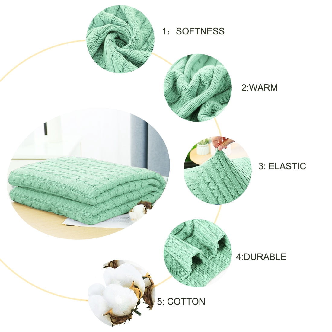 Unique Bargains 100% Cotton Soft Cable Knit Blanket Light Green Full(70" x 78")