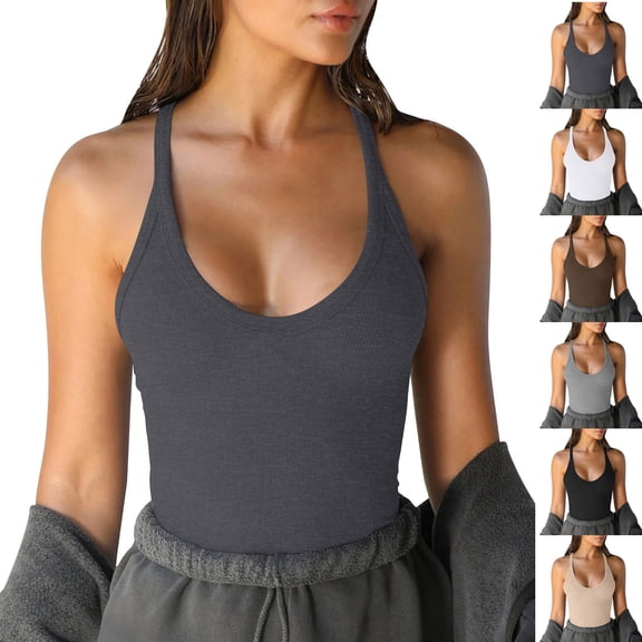 Neewe Women's Basic Tank Tops Cami Tank Summer Sleeveless Tops Casual Solid Color V-neck Sleeveless Camisole Top-Gray M