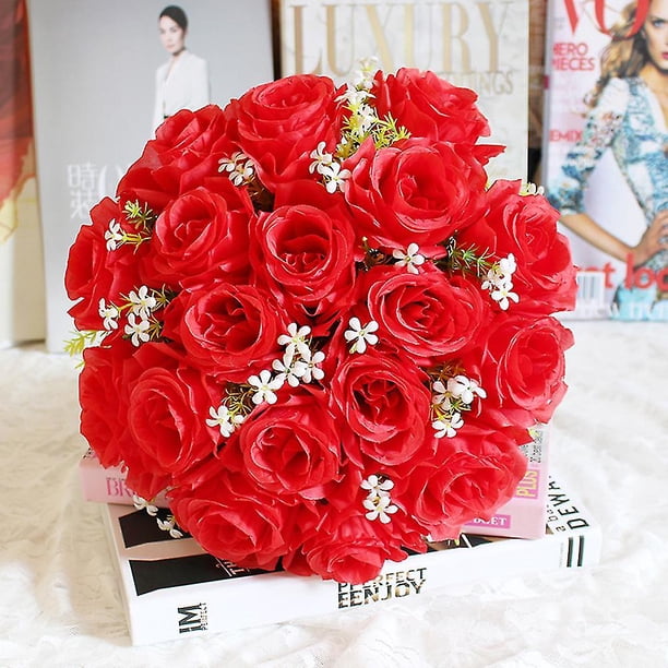 18 cabezas rosas de seda artificiales flores ramo de novia rosa decoración de la boda del hogar D