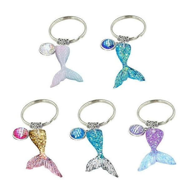 5 Pcs Mermaid Key Ring Graduated Color Fish Tail Fish Scale Key Chain Pendant (Blue + Silver, Rosy + Golden, Blue, Pink + Blue, Purple + Blue, 1 Pcs E