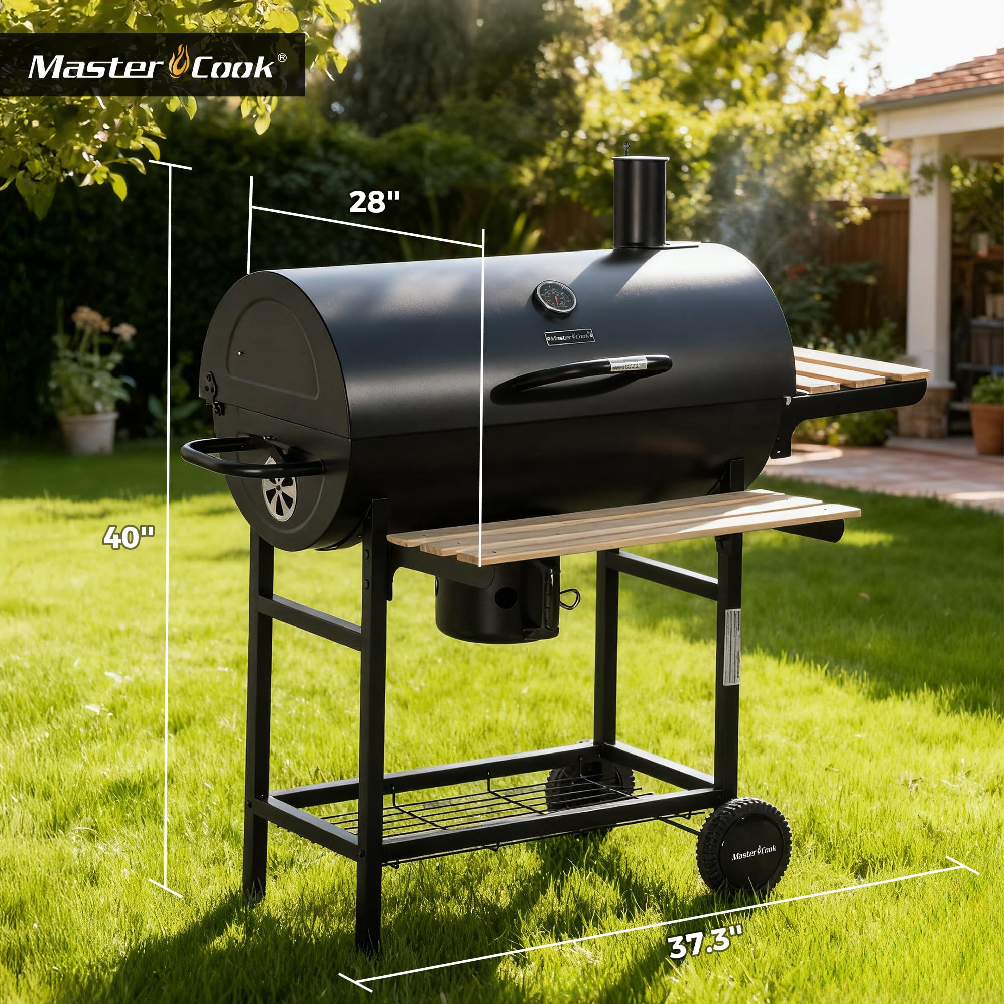 MASTER COOK 30" Barrel Charcoal Grill, Foldable Side Table, Outdoor Smoker Grill with Adjustable Air Vents & Thermometer for Backyard, Picnic