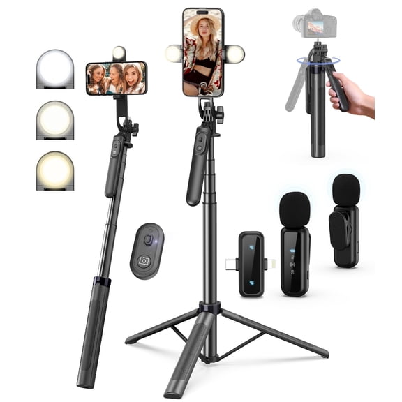 Content Creator Essentials Kit for iPhone/Android, 71" Adjustable Phone Tripod with Light, Wireless Remote & Microphone