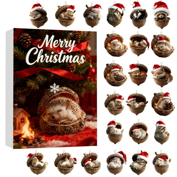 24PCS 1.46In Forest Animal Acorn Ornaments Christmas Advent Calendar-2D Acrylic Cozy Forest Christmas Ornaments with Pinecone Animal Decor,Xmas Tree Decorations,Hanging Ornaments for Holiday Decor