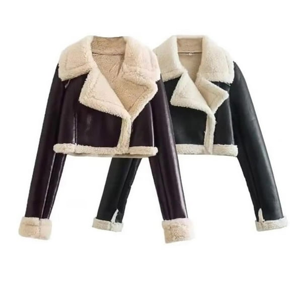Juebong Womens Cropped Faux Fur Jacket Faux Suede Lapel Fluffy Coats Winter Warm Fleece Sherpa Lined Motorcycle Biker Jacket Black,L