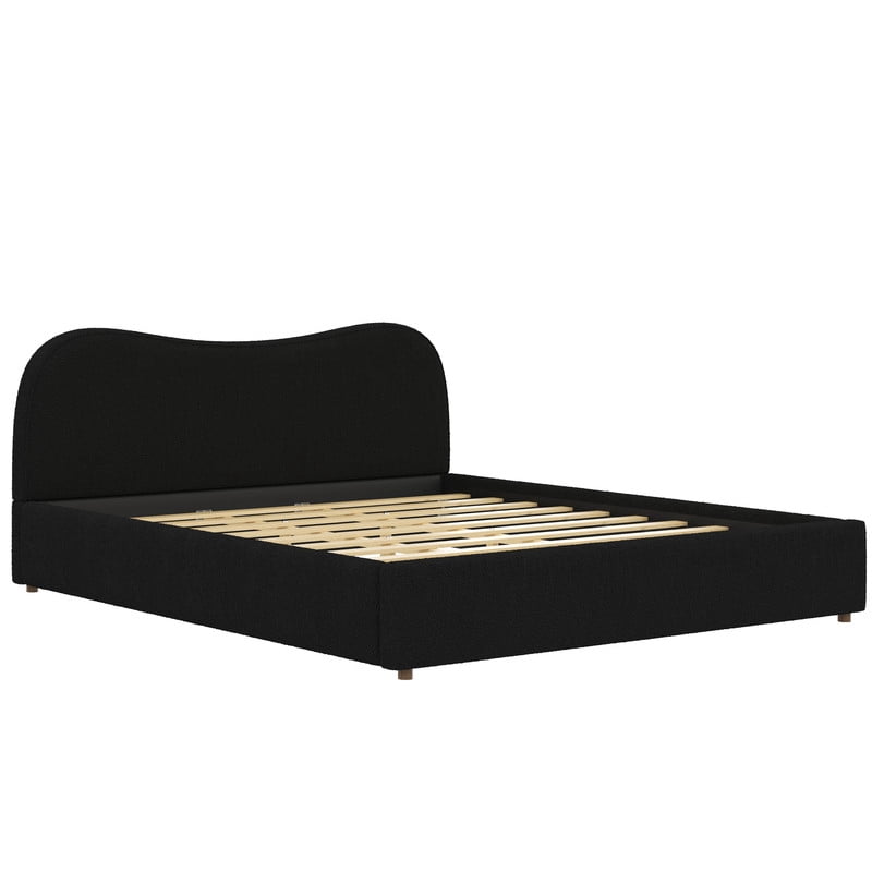 King Size Boucle Upholstered Platform Bed with Wooden Slats, Short Legs Low-Profile Bed Frame with Curved Headboard