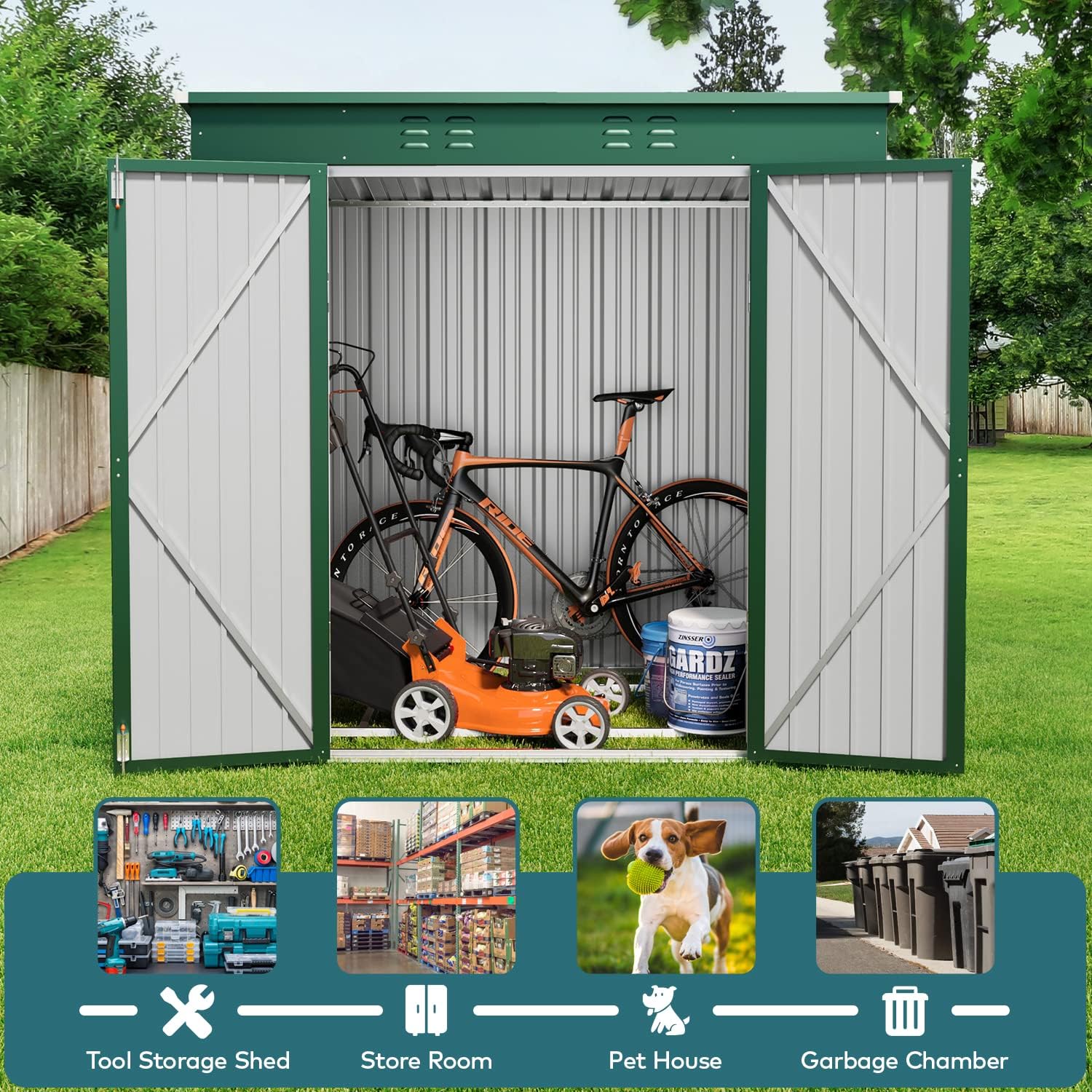 Outdoor Storage Shed, 6' x 4' Outdoor Storage Shed Clearance for Backyard Patio Lawn, Waterproof Metal Shed Outdoor Storage with Double Lockable Doors and Base Frame, Green - image 3 of 8