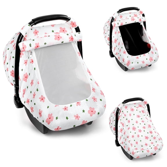 RIONIMA Muslin Car Seat Cover Baby - Breathable and Privacy Car Seat Canopy with 3 Modes - Easy Install &Amp; Gift Box Packaging, Universal Fit for Infant Car Seats, Pink Flower