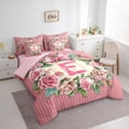 thumbnail image 4 of Homewish Pink Initial E Letter Twin Bedding Sets 7-Piece, Vintage Romantic Rose Bedding Comforter Set, Fashion Stripes Lines Reversible Sheet Sets, Lightweight Room Decor, 4 of 8