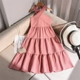 thumbnail image 2 of Girls Solid Color Cross Halter Tiered Maxi Dress Sleeveless Crisscross Neck Tiered Ruffle Swing Dress for Kids Casual Summer Party Daily Wear(Pink,8-9 Years), 2 of 9