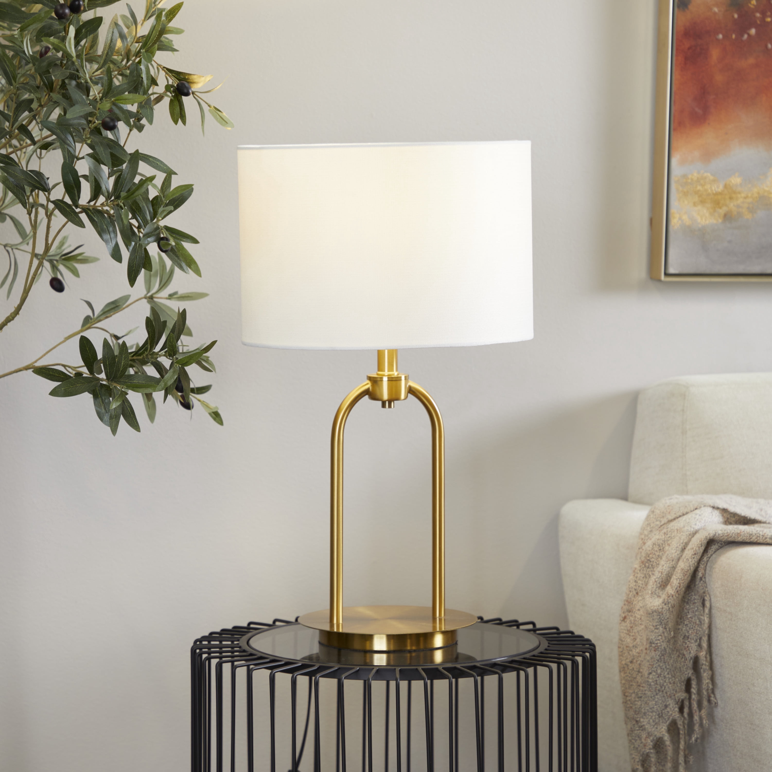 DecMode 19" Arched Gold Table Lamp with White Linen Shade