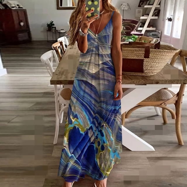 SMihono Robe Maxi Bohème d'Été pour Femmes Grande Taille Mode Femme Bretelles Taille Mi-Haute Col en V Sans Manches Rayée Imprimée Robe Longue de Plage