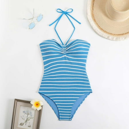 Aobny Blue Fashion Women s One-Piece Swimsuits Striped Long Torso Swimwear Sets Halter Cheeky Monokini Summer Bottoms XL