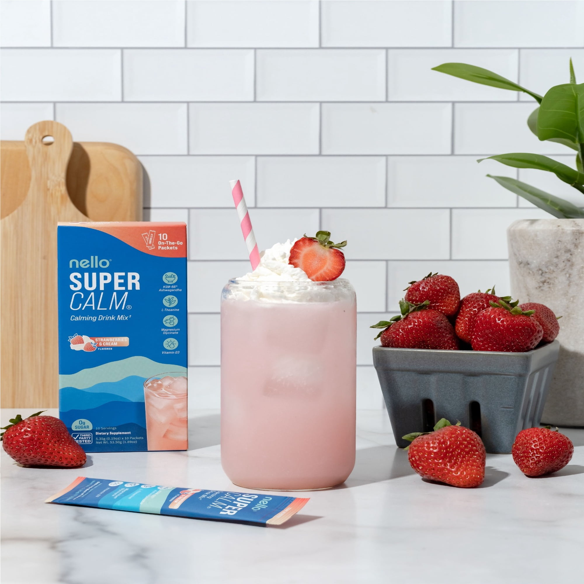 Nello Supercalm Calming Drink Mix Packets, Strawberries & Cream, 1.5 oz, 10 Count