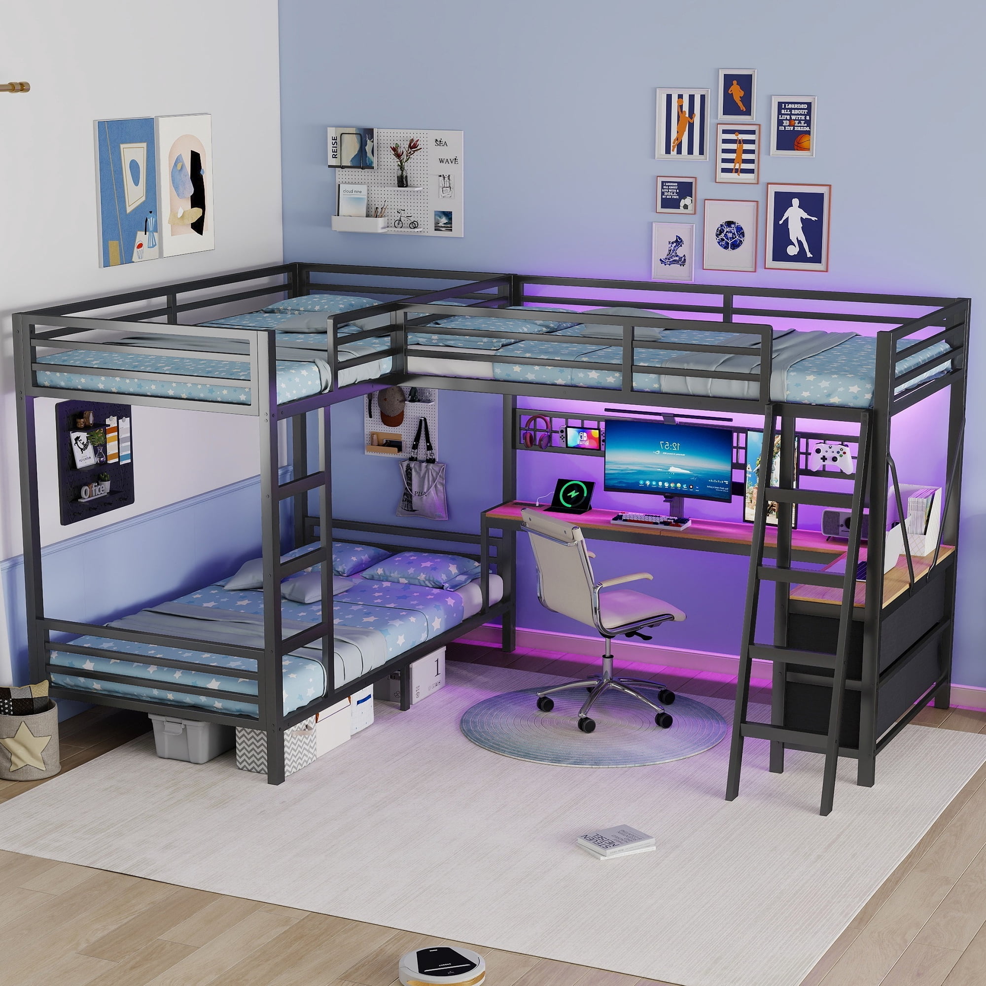 HOQBN L-Shaped Triple Bunk Bed with L-Shaped Desk and 5 Lagre Drawer,Twin Over Twin Over Twin Bunk Bed Frame with Charging Station,LED Lights,DIY Grid and Ladder,Black