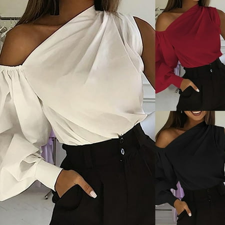 

Yinreli Women Blouse Asymmetric Single Lantern Sleeve Top Solid Color Slash Neck Off Shoulder Shirt Streetwear