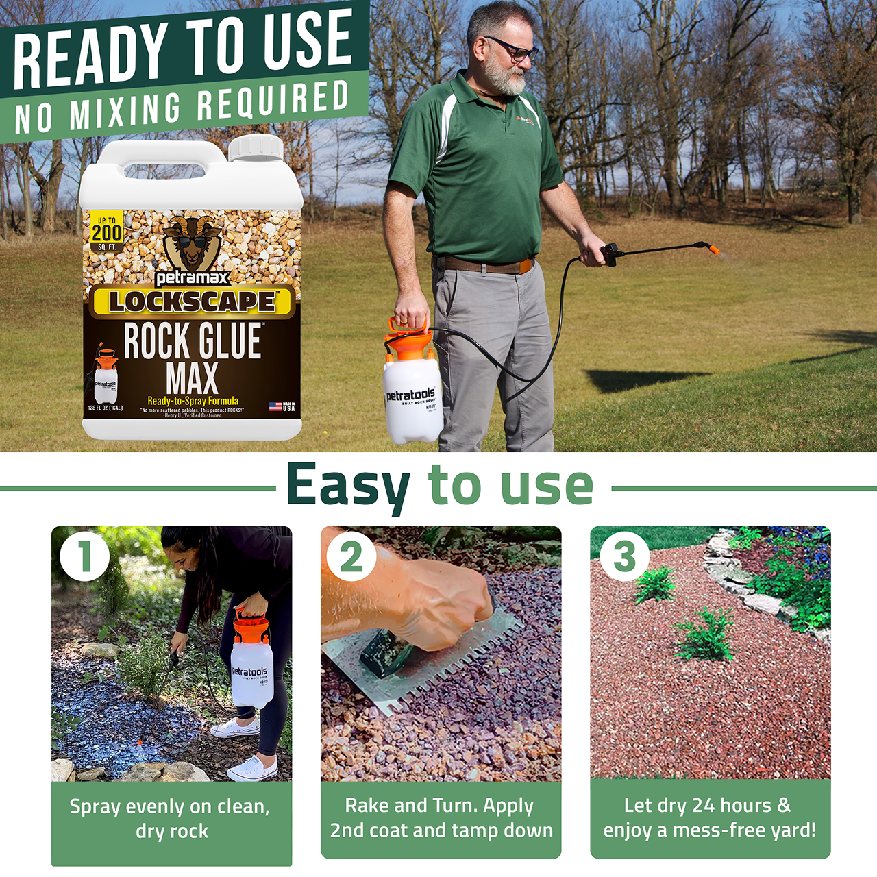 PetraMax Lockscape Rock Glue for Landscaping, 1 Gallon - 100% Permeable & Pet-Safe Landscape Adhesive for Stones & Pebbles - Ready to Spray Pea Gravel Binder & Mulch Glue for Landscaping