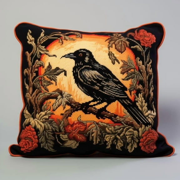 Latch Hook Pillow Kits Cover for Moon Crow DIY Cushion Cross Stitch Latch Hook Pillowcase Rug Kits with Preprinted Canvas Crochet Yarn Kits Needlework Crafts 17'' X 17''