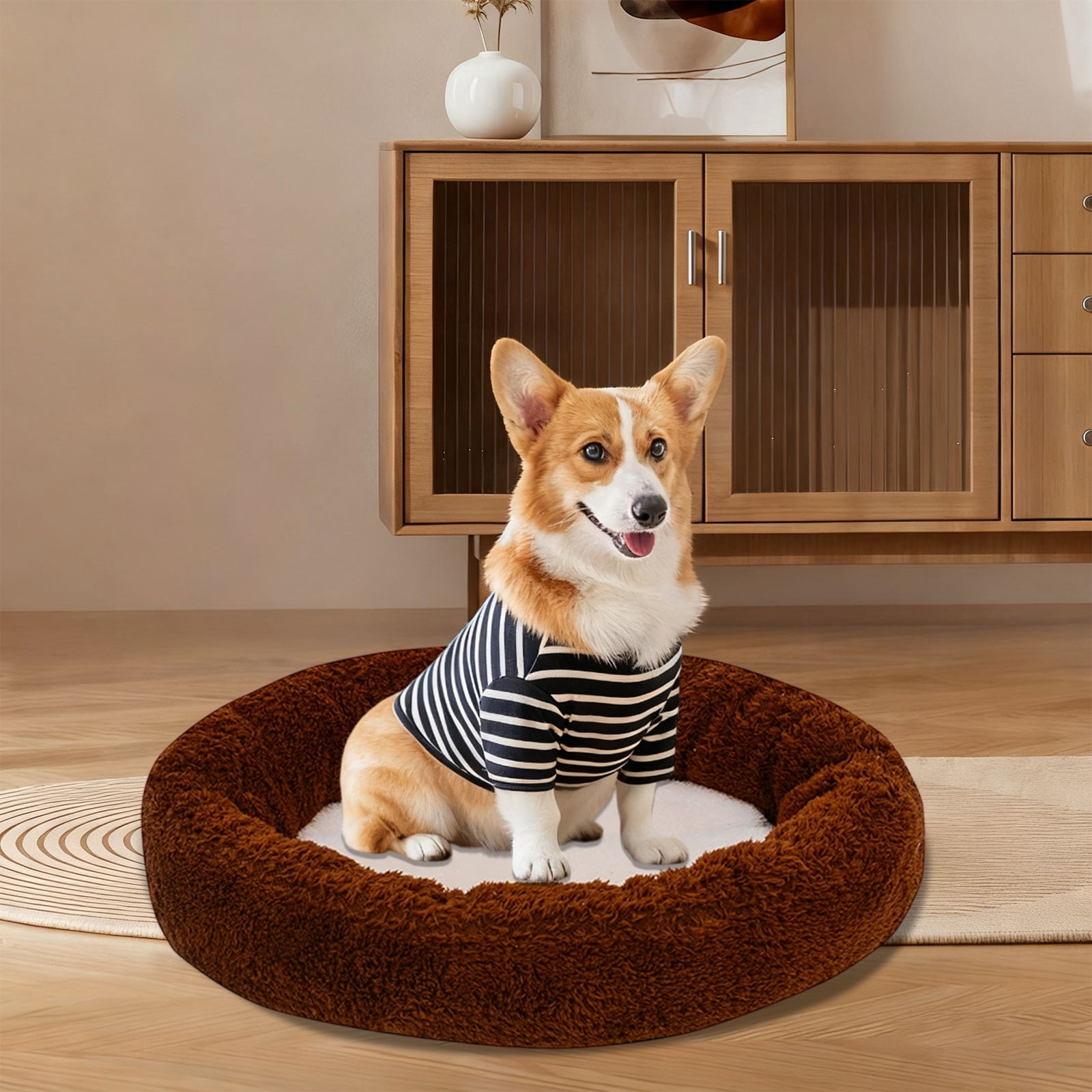 Hxlamzoo Thickened Flock Pet Bed for Cats and Dogs, Soft Warm Kennel Mat with Semi-Enclosed Design, 15.75x13.78x3.94 Inch Cozy Sleeping Pad for Indoor Winter Use, Brown/Gray