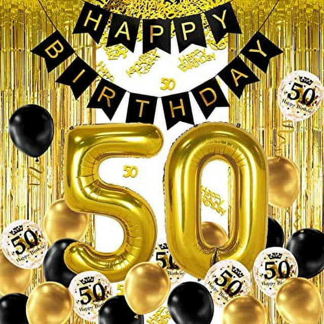 50 Años Decoración Cumpleaños Oro Negro, Pancarta Feliz Cumpleaños, Globo Helio Números 50 XXL, Cortina Flecos Oro Negro Confeti Látex Mesa Número Confeti Deco Chica Mujer