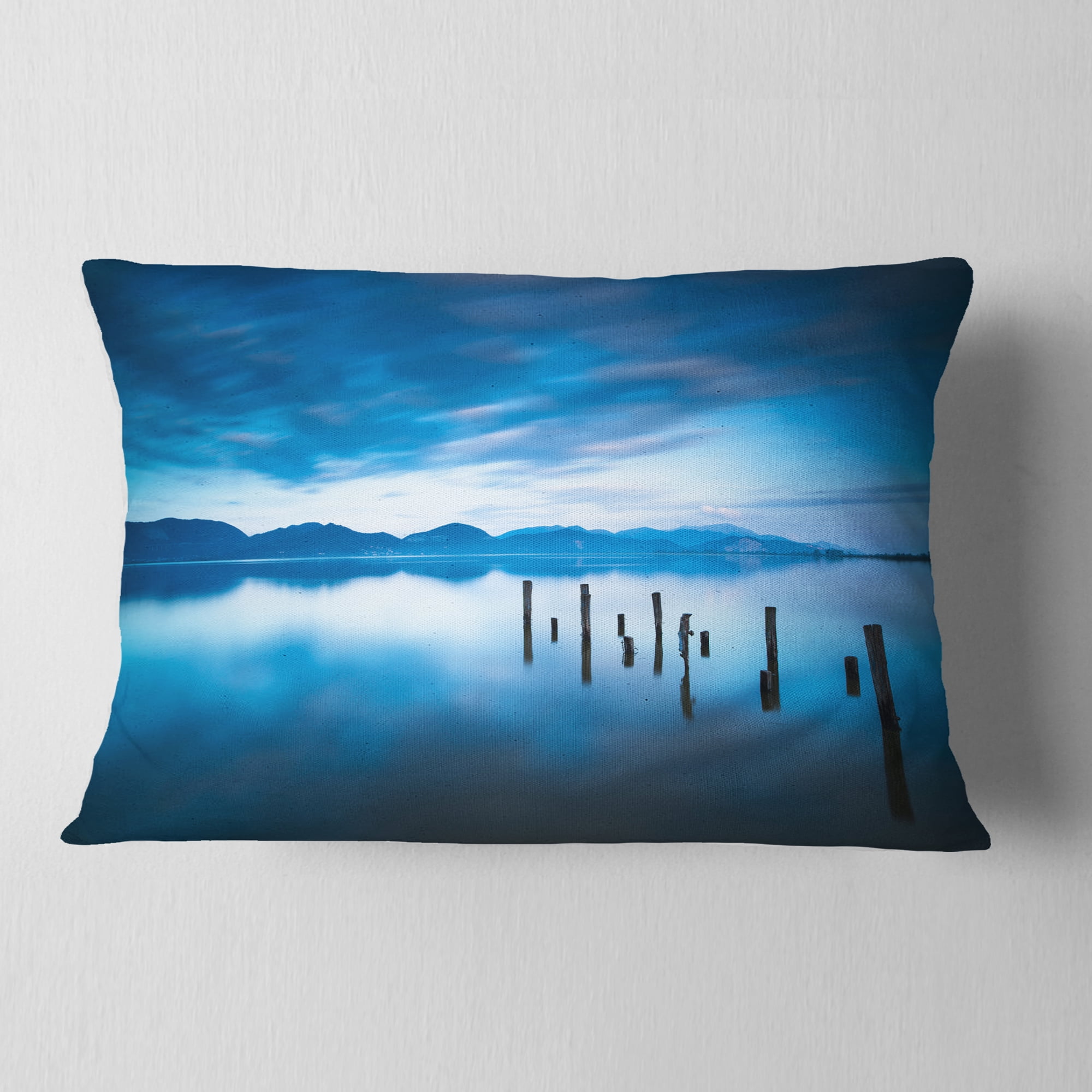 Designart Blue Lake with Wooden Pier - Landscape Photography Throw Pillow - 12x20