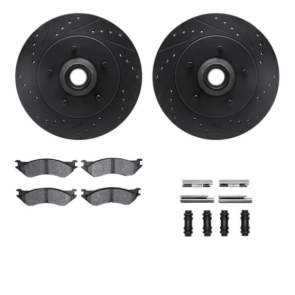 Dynamic Friction Company Front Brake Rotors-Drilled and Slotted-Black with Heavy Duty Brake Pads includes Hardware 8212-99139