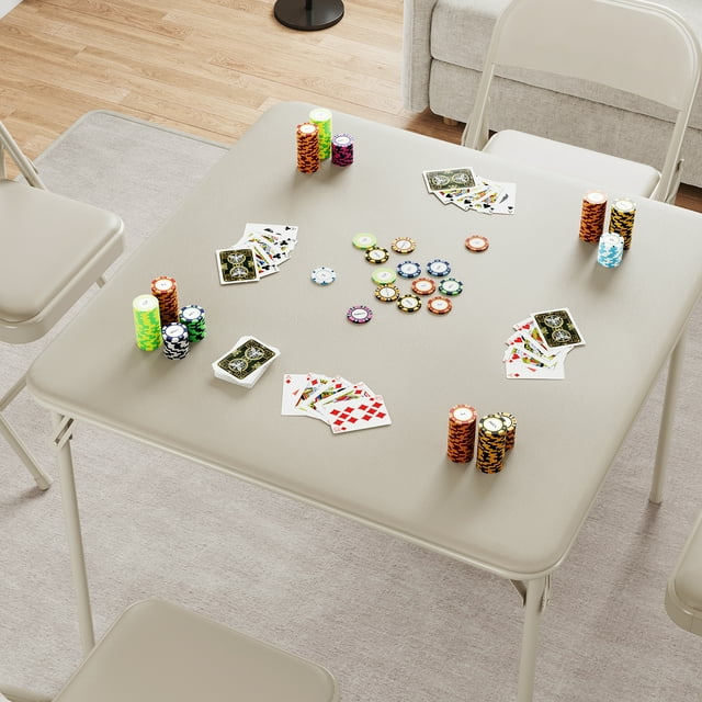 Ourlova 33.6" Portable Square Folding Card Table, Metal Table with PU Cushion, Beige (Table Only)
