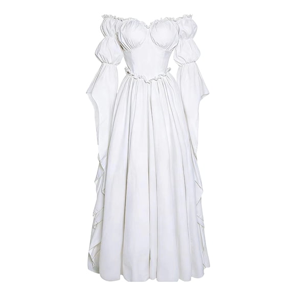 Fantasy Wedding Cosplay Outfit, Off Shoulder Puff Sleeve Renaissance Ball Gown, Ruffled Chiffon Vintage Medieval Princess Cosplay Maxi Dress for Halloween Wedding Party, White S