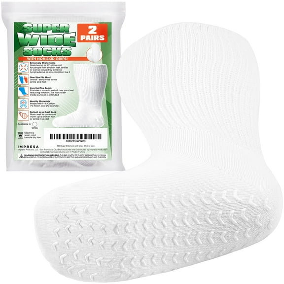 Impresa 2-Pack White Super Wide Socks with Non-Skid Grips - for Lymphedema - Bariatric Sock