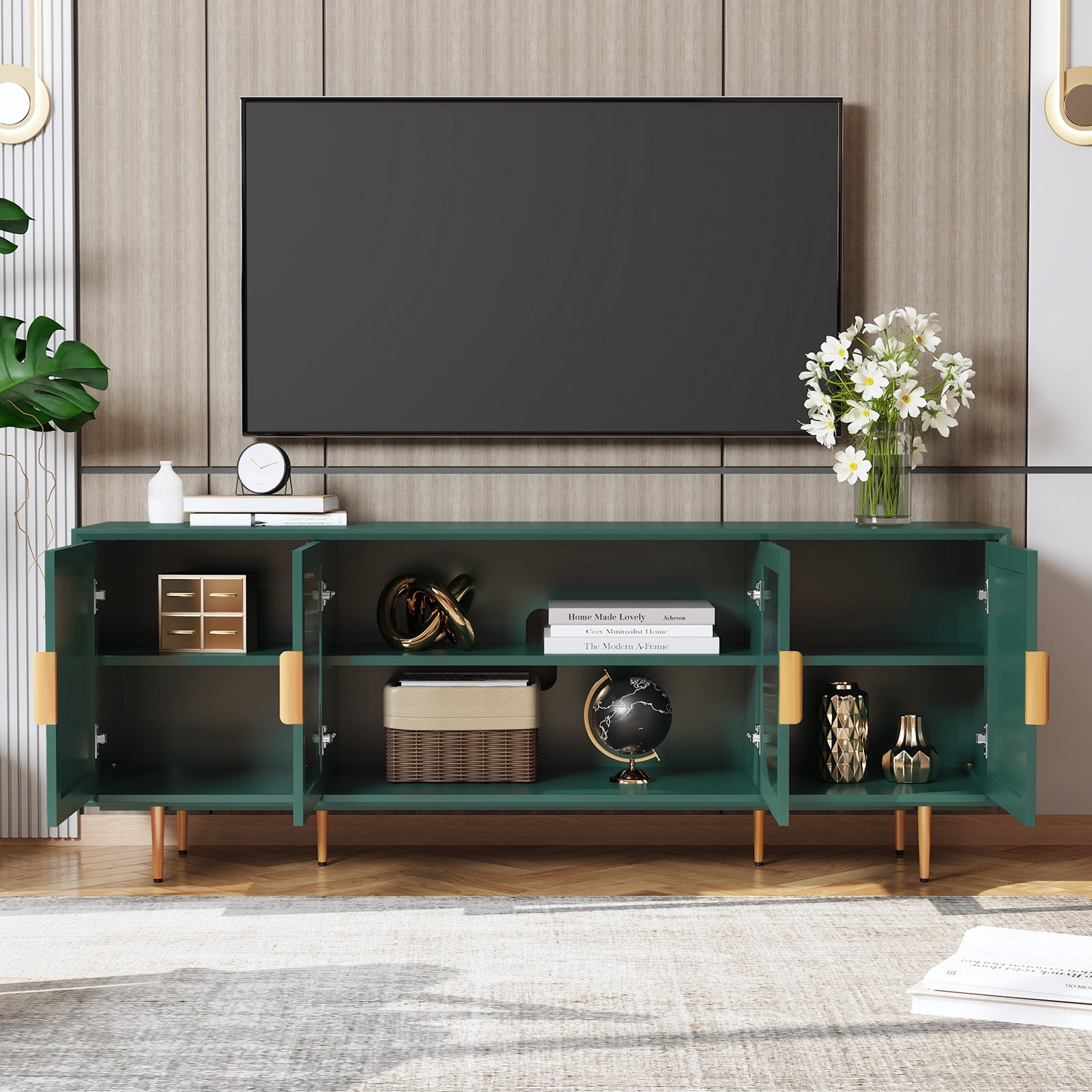 CBJCBJ 66" TV up to 75" Stand for Living Room, Entertainment Center with Glass Storage Cabinet,Green