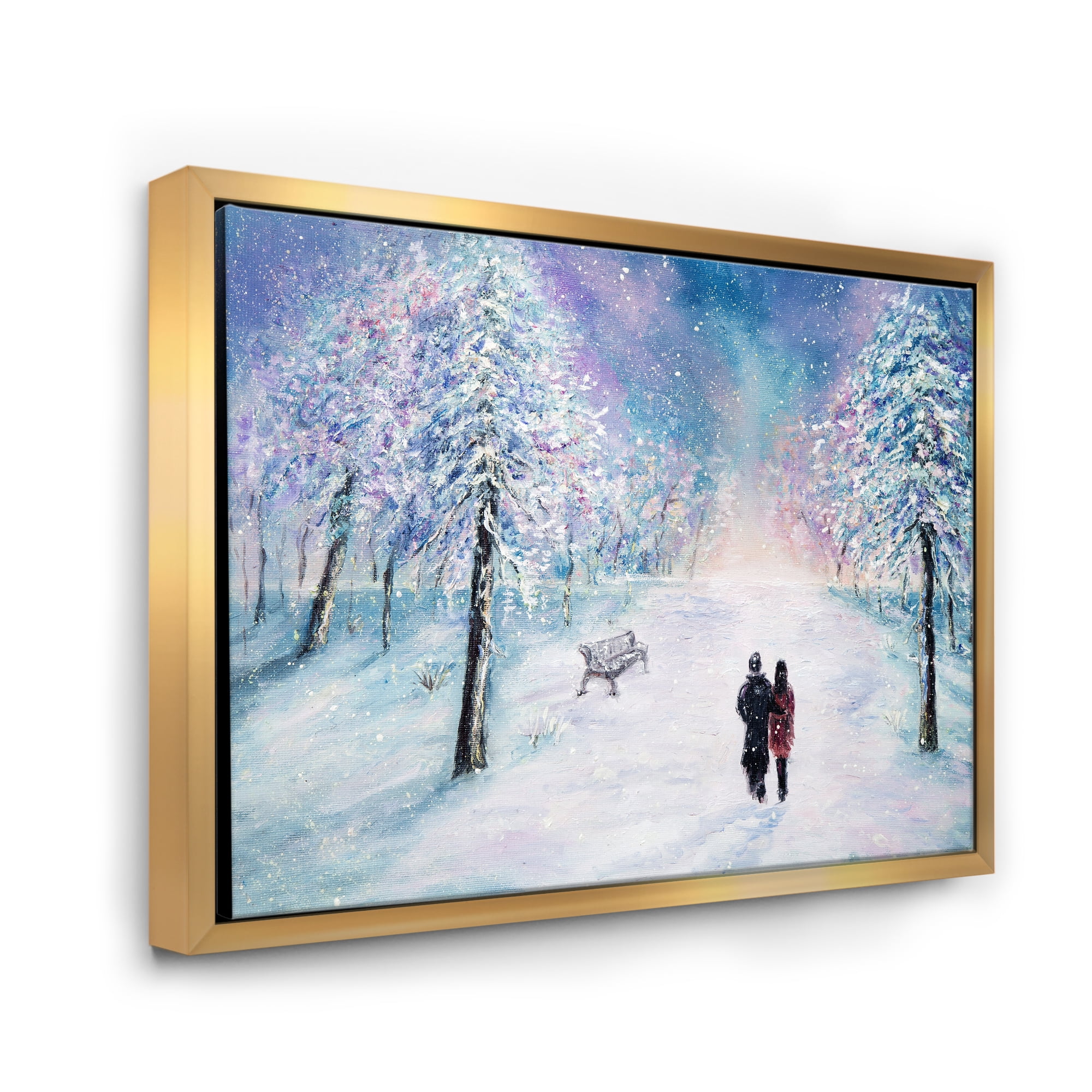 Designart 'Couple In Love Walks During Snowy Winter Times' Traditional Framed Canvas Wall Art Print