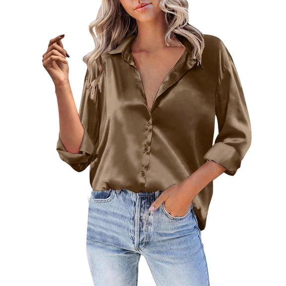 Shirts For Women Women Satin Button Down Shirt Casual Long Sleeve V Neck Blouse Loose Business Work Tunic Tops Womens Tops