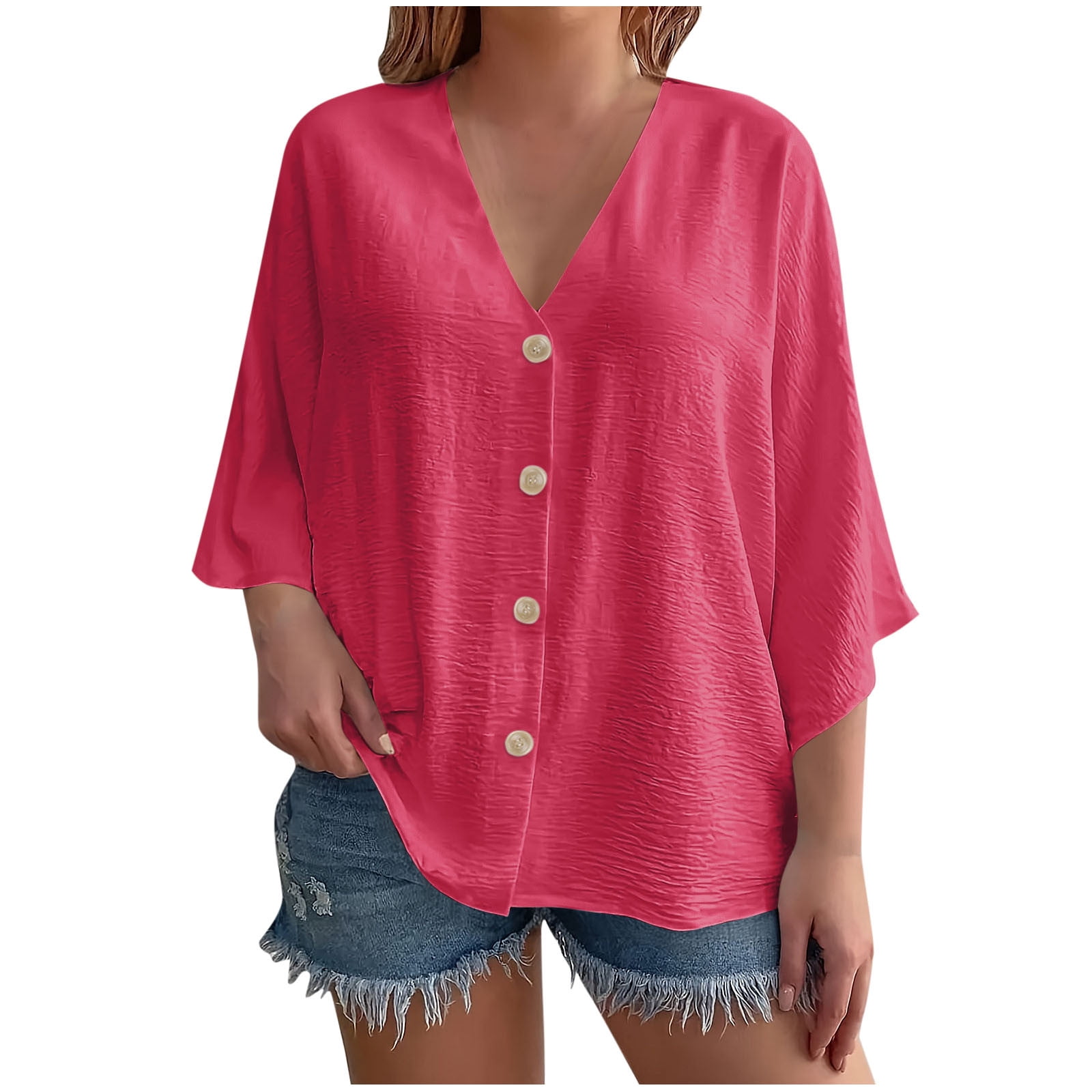 Button-Down Shirts for Women Plus Size L-4X Lightweight 3/4 Sleeve Blouses Tops Womens Casual Solid Color Loose V Neck Beach Cover Ups Tees Top