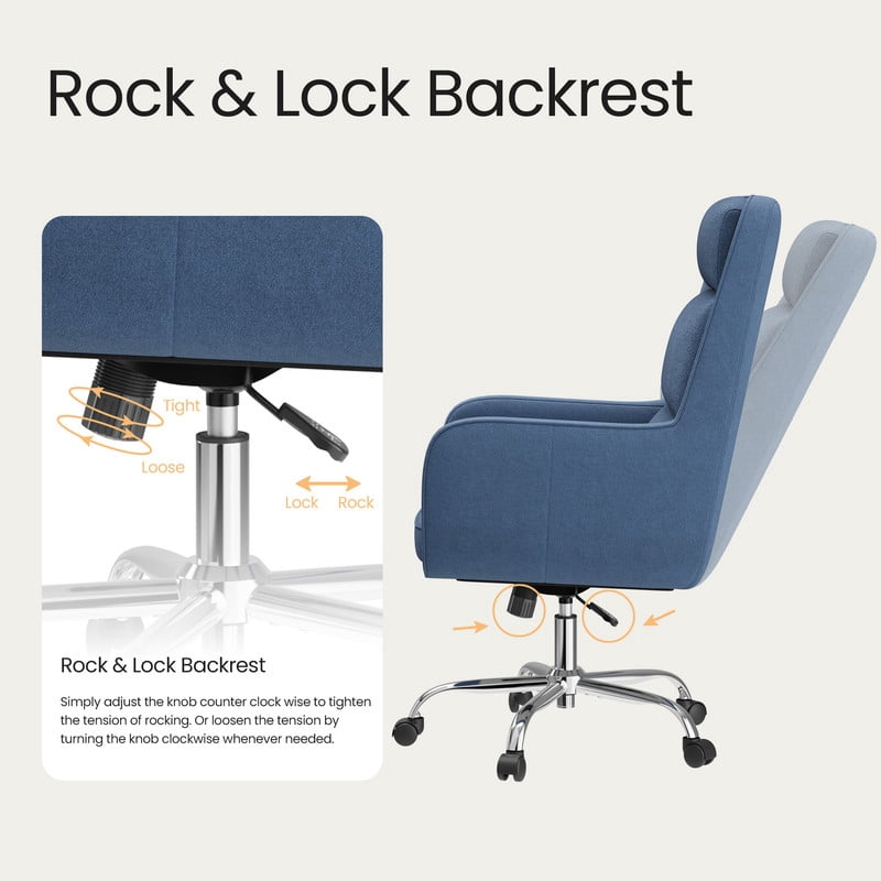 COLAMY Cocoon Modern Executive High Back Home Office Chair, Upholstered Desk Chair with Wheels, Vanity Chair with Head and Lumbar Support, Armrest (Blue)