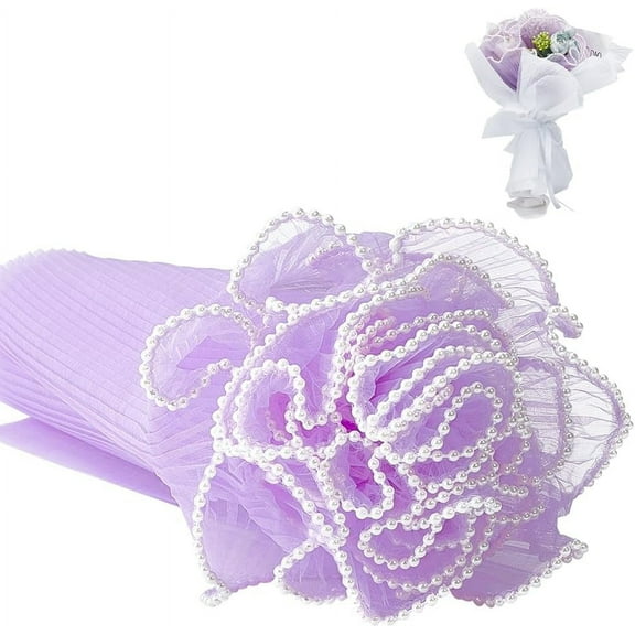 4.5 Yards Flower Wrapping Mesh Paper 10-5/8 inch Lilac Bouquet Packaging Paper Wrinkled Wavy Net Yarn with Pearl Edge for Wedding Flower Florist Gift Supplies