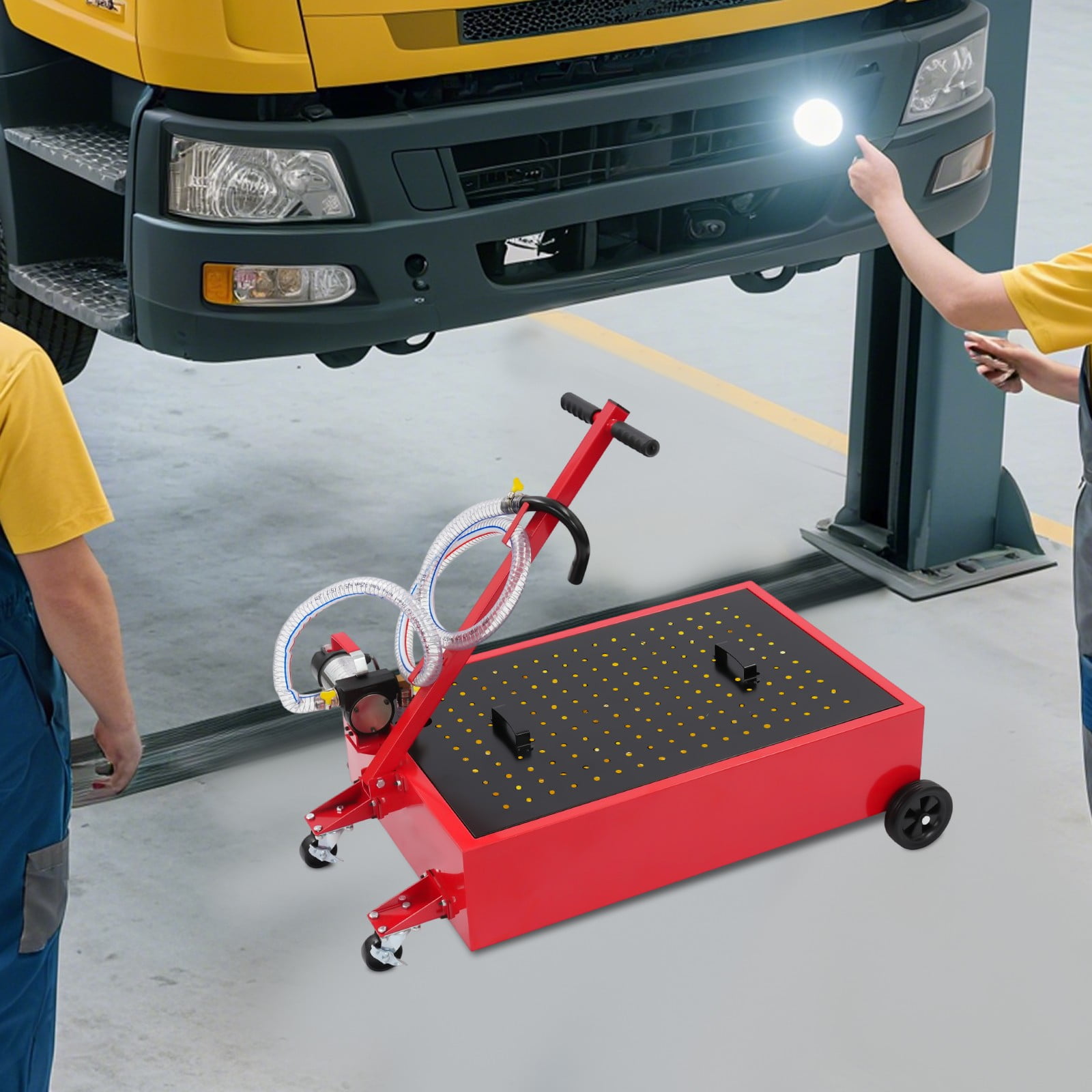 Low Profile Oil Drain Pan 20 Gallon Oil Drain Pan w/ Electric Oil Pump 8ft 120W for Buses, Cars, SUVs