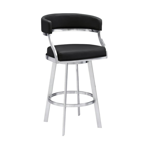 Saturn Modern 26" Seat Height Black Faux Leather and Brushed Stainless Steel Metal Swivel Bar Stool for Kitchen Island Counter