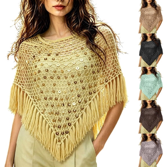 YTCAMLO Sequin Womens Tassels Poncho Top Dressy Hollow Out Shawl Capes for Party Festival See Through Cover Up Beachwear