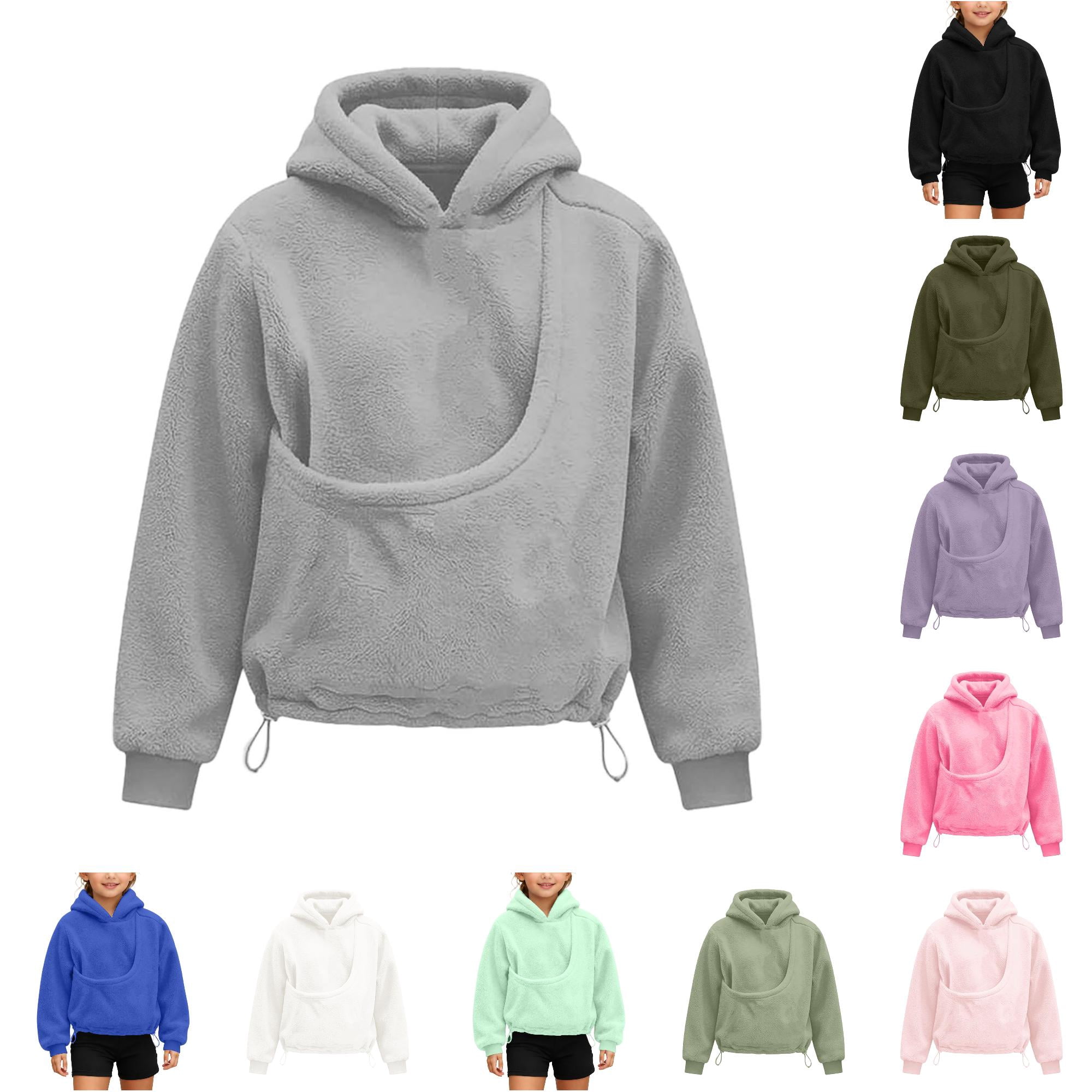 Rggeeun Girls Sweatshirt Cute Pet Pouch Hoodie Long Sleeve Tops Cat Carrier Hoodie Warm Pullover with Hem Drawstring Vacation Gray 13-14 Years