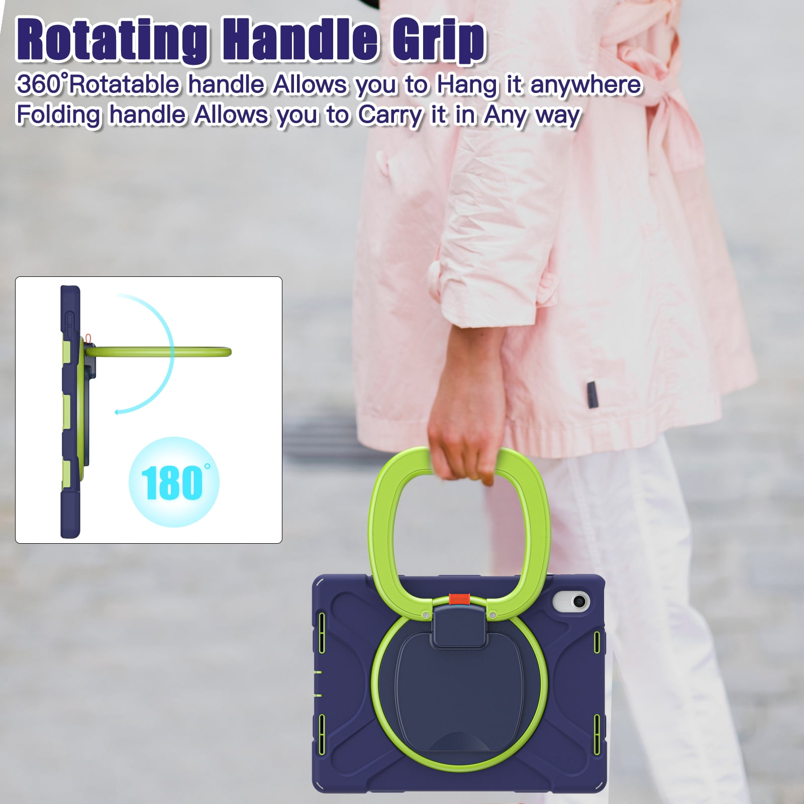 iPad 10th Generation Case 2022,iPad 10th Gen 10.9 inch Rugged Case with Screen Protector,Rotating Stand/Pencil Holder/Carrying Shoulder Strap - Navybulue+Lime