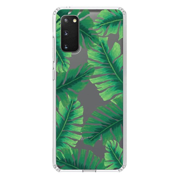 DistinctInk Clear Shockproof Hybrid Case for Galaxy S20 ULTRA / 5G (6.9" Screen) - TPU Bumper, Acrylic Back, Tempered Glass Screen Protector - Tropical Banana Leaves