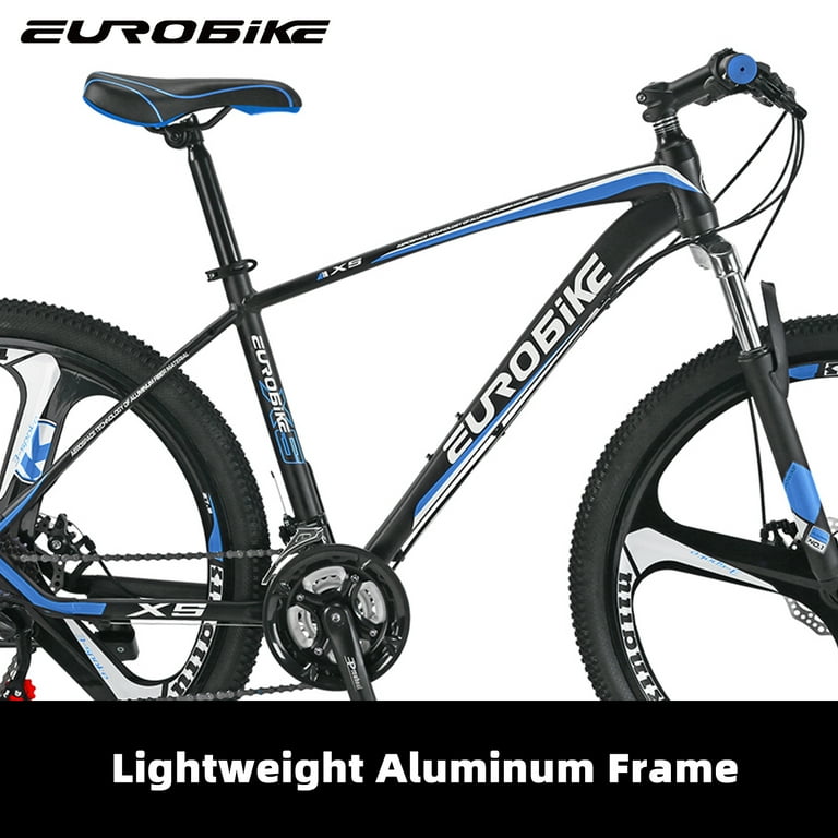 Mens Mountain Bike Eurobike X5 Aluminum Frame 27.5 Inch Mag Wheels 21 Speed Shifter Disc Brakes Front Suspension Mens Bicycle Adult Blue