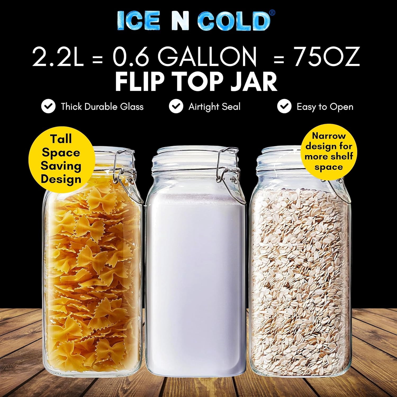 Airtight Glass Storage Jars with Clamp Lid – Food Storage Containers with Rubber Gasket Seal – Pantry & Kitchen Canisters for Dry Goods, Coffee, Sugar, Pasta – 0.4L to 2.2L Sizes (4, 75oz | 2.2L)