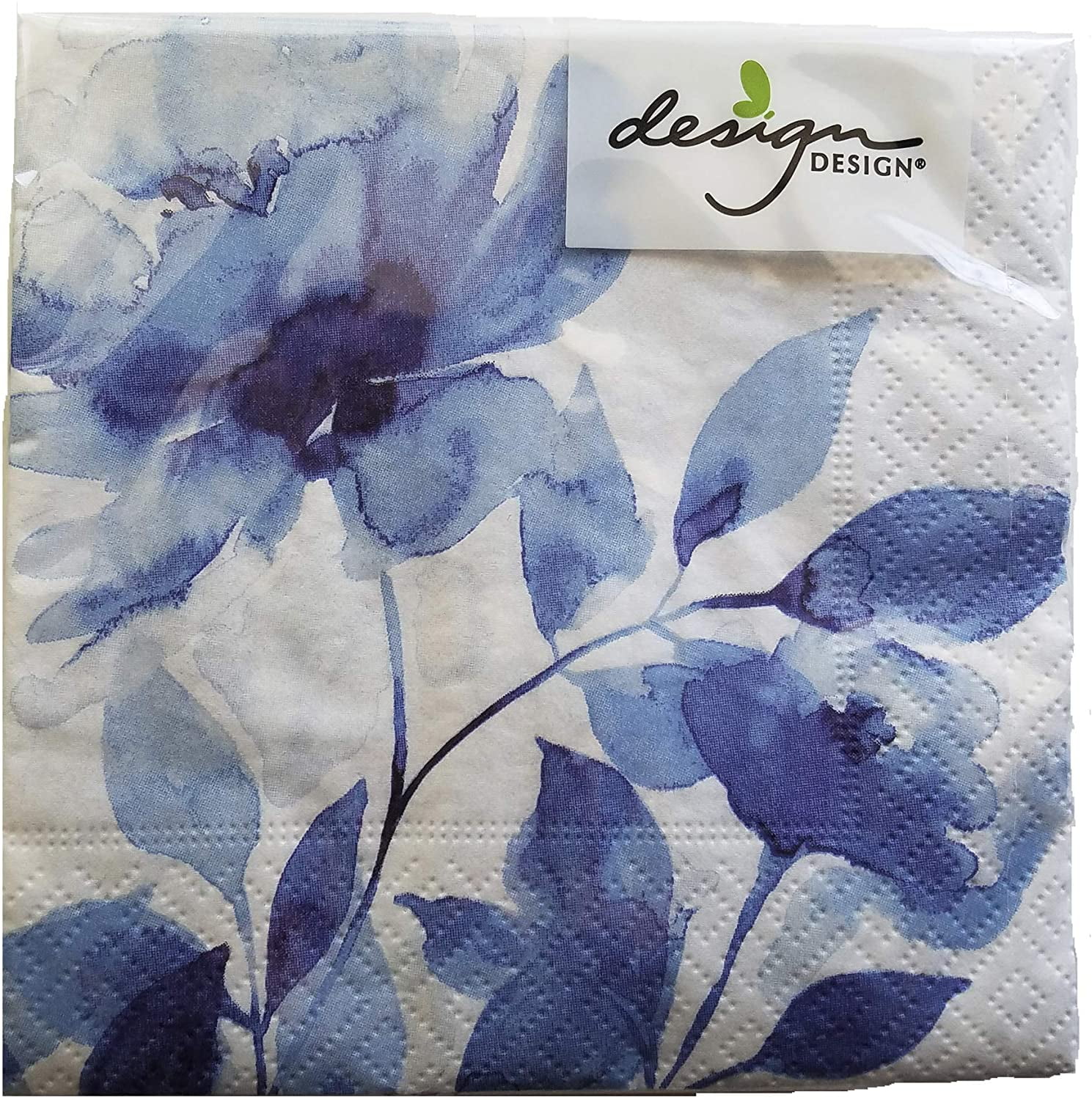Blue and White Watercolor Floral Beverage Cocktail Napkins 5x5 Inch